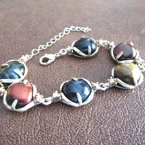 Multi-Colored Chunky Cabochon Stones Hand Crafted Silver Tone Setting Bracelet